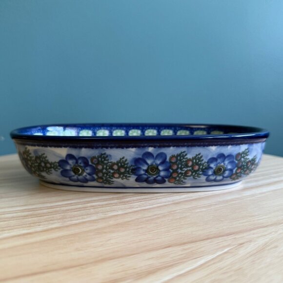 Handmade Polish Pottery Blue Floral Oval Bowl 7" Unikat 486 - Picture 2 of 7